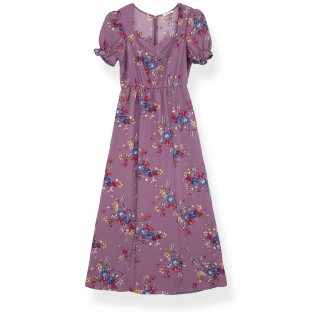 Promesa L Floral Puff Sleeve Maxi Dress Sweetheart Neckline & Front Slit Large - Picture 3 of 5